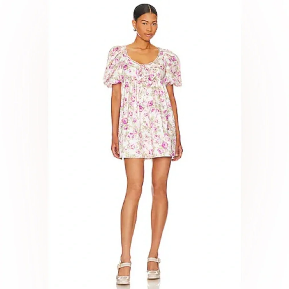 For Love And Lemons Milani Floral Puff Sleeve Mini Dress, White/Multi